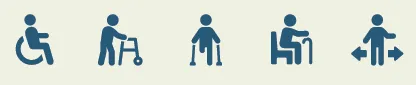Das Logo von Mobilitätscoach Stephan Schukat zeigt mehrer Pictogramme von Menschen mit Behinderung.